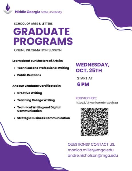 Join MGA's School of Arts & Letters (SOAL) for a FREE virtual information session on their graduate programs and certificates on Wednesday, Oct. 25 at 6 p.m. on Microsoft Teams.